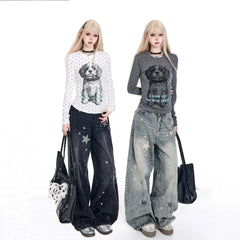 High Waist Star Print Wide Leg Jeans