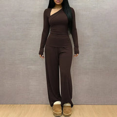 2 Piece Outfit Set Asymmetrical Wrap Long Sleeve Top & Split Flare Pants