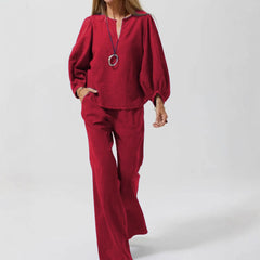 V-Neck Puff Sleeve Top & Wide Leg Pants Solid Two-Piece Casual Set