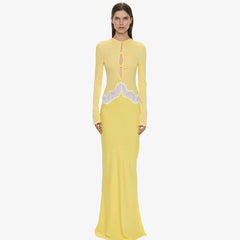 Contrast Color Spliced Hollow Out Long Sleeve Maxi Dress