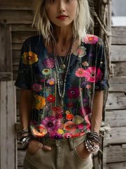 3D Color Block Print V Neck Rolled Short Sleeve Casual Tee