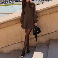 Elegant Mock Neck Knit Dress, Puff Sleeve A-line Mini Dress for Autumn Outfit