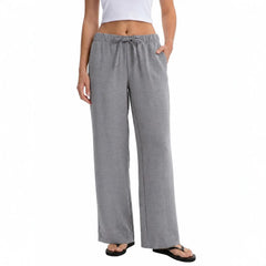 Drawstring Elastic Waist Wide Leg Casual Long Pants Solid Color Loose Trousers