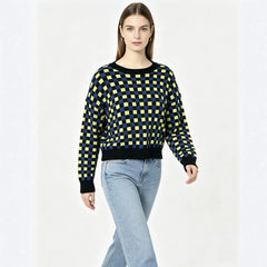Color Block Checkerboard Jacquard Round Neck Pullover Sweater