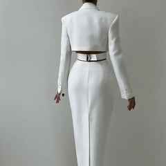 Sleek White Cutout Blazer Midi Dress with Button Front