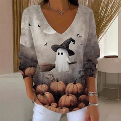 Halloween Ghost Pumpkin V‑Neck Sweater