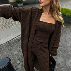 Casual Knit 3 Piece Matching Set, Heather Grey Long Duster Cardigan Cami And Wide Leg Pants Outfit