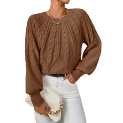 Crew Neck Cable Knit Sweater, Long Lantern Sleeve Loose Solid Pullover