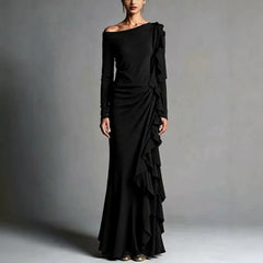 White Off Shoulder Long Sleeve Mermaid Maxi Dress With Cascading Ruffles