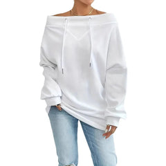 Off-the-Shoulder Dolman Sleeve Sweatshirt Drawstring Neck Top