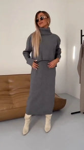 2 Piece Knit Outfit, Cream U Neck Midi Dress + Long Sleeve Knit Shrug Set
