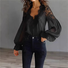 Lace Trim V-Neck Bubble Sleeve Blouse