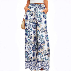 Boho Geometric Leaf Print Drawstring High Waist Non-Stretch Chiffon Loose Wide Leg Long Casual Pants