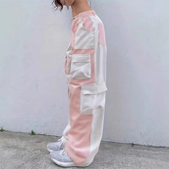 Mid‑Waist Contrast Color Spliced Cargo Jeans