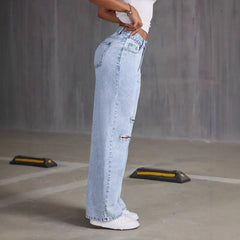 High Waist Casual Distressed Denim Pants