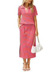 Striped Polo Neck Top and Midi Skirt Set