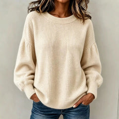 Balloon Sleeve Ribbed Hem Casual Knit Top