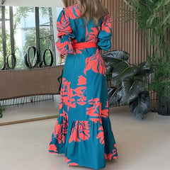 Teal Red Palm Leaf Print V Neck Belted Maxi Dress