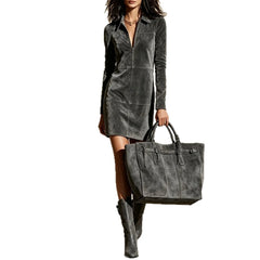 Fall Cowgirl Style Brown Faux Suede Dress Collar Half Zipper Long Sleeve Casual Mini Dress