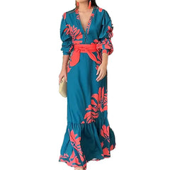 Teal Red Palm Leaf Print V Neck Belted Maxi Dress