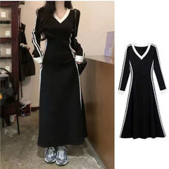 V Neck Striped Side Long Maxi Dress
