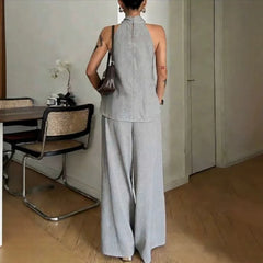 Linen Halter Top Wide Leg Pants Matching Two Piece Set