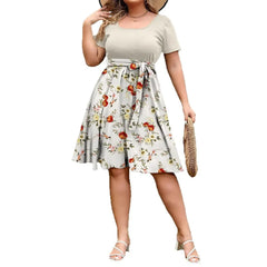 Plus Size Floral Belted A-Line Midi Dress Round Neck Short Sleeve Elegant Casual Daily Dress