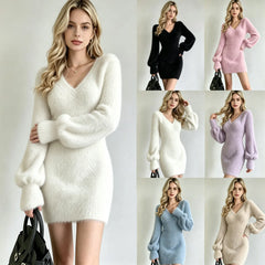 V Neck Bubble Sleeve Fuzzy Knit Mini Dress