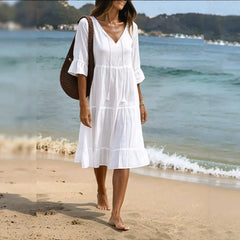 White V-Neck Tiered Ruffle Midi Dress