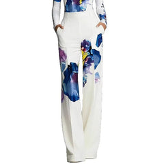 White Base Abstract Watercolor Floral Print High Waist Micro Stretch Straight Wide Leg Long Casual Pants