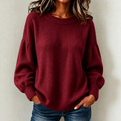 Balloon Sleeve Ribbed Hem Casual Knit Top