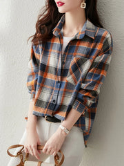 Fall Color Block Plaid Oversized Shirt, Button Front Long Sleeve Layering Blouse