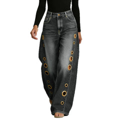 High Waist Side Eyelet Wide Leg Jeans