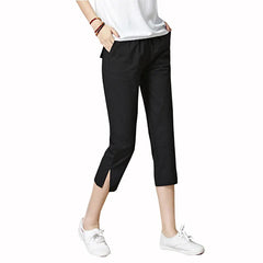Mid Waist Elastic Waist Split Hem Straight Cropped Commuter Casual Pants