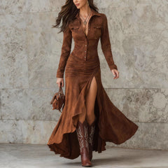 Faux Suede Western Maxi Dress