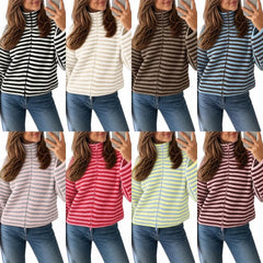 Striped Half Zip Turtleneck Knit Sweater Long Sleeve Cropped Ribbed Pullover
