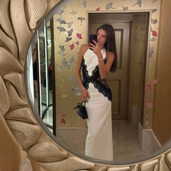 White & Black Lace Maxi Dress, Halter Neck X-Cutout Bodycon Formal Gown