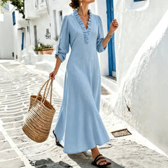 Light Blue Ruffled V-Neck Roll Tab Sleeve Maxi Dress