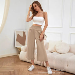 High Waist Smocked Waistband Wide Leg Cropped Pants