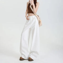 High Waist Non-Stretch Retro White Wide Leg Denim Pants