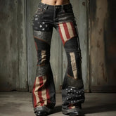 High Waist Patriotic Star Eagle Graphic Flare Denim Pants, Retro Distressed Bell Bottoms