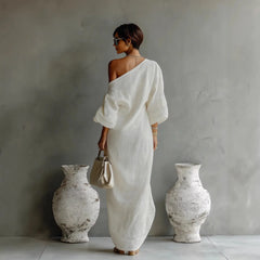 One Shoulder Draped Linen Maxi Dress