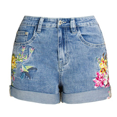 Boho Floral Bird Embroidered Denim Shorts