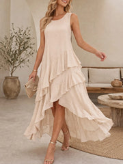 Sleeveless Irregular Ruffle Tiered High Low Maxi Dress
