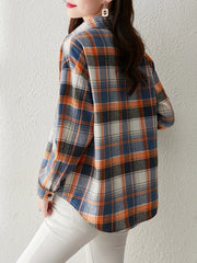 Fall Color Block Plaid Oversized Shirt, Button Front Long Sleeve Layering Blouse