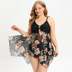 Plus Size Floral Print Swim Dress V-Neck Mesh Skirt Swimsuit