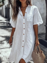 Short Sleeve Pocket Linen Shirt Dress Button Front Casual Midi Dress