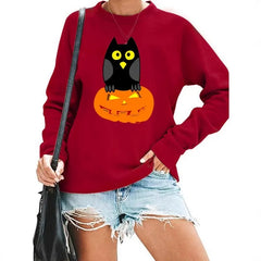 Halloween Owl Pumpkin Print Crew Neck Sweatshirt