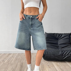 Mid Waist Washed Straight Leg Denim Bermuda Shorts
