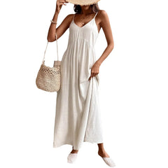Solid V-neck Spaghetti Strap Ruched Flowy Midi Beach Dress